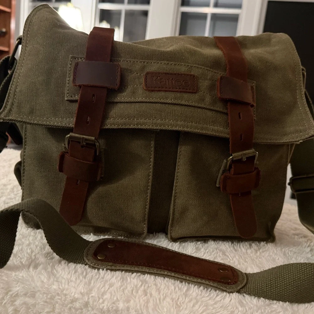 Military Green Canvas Crossbody Bag with Brown Leather Straps - Picture 3 of 11